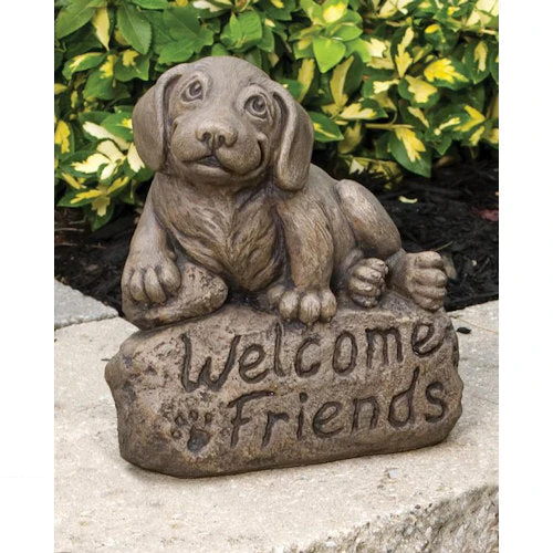 Welcome Friends Beagle Statue – Cast Stone Dog Sculpture with Inscribed Base